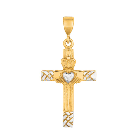 14k 2 Tone Gold Claddagh Style Cross Pendant