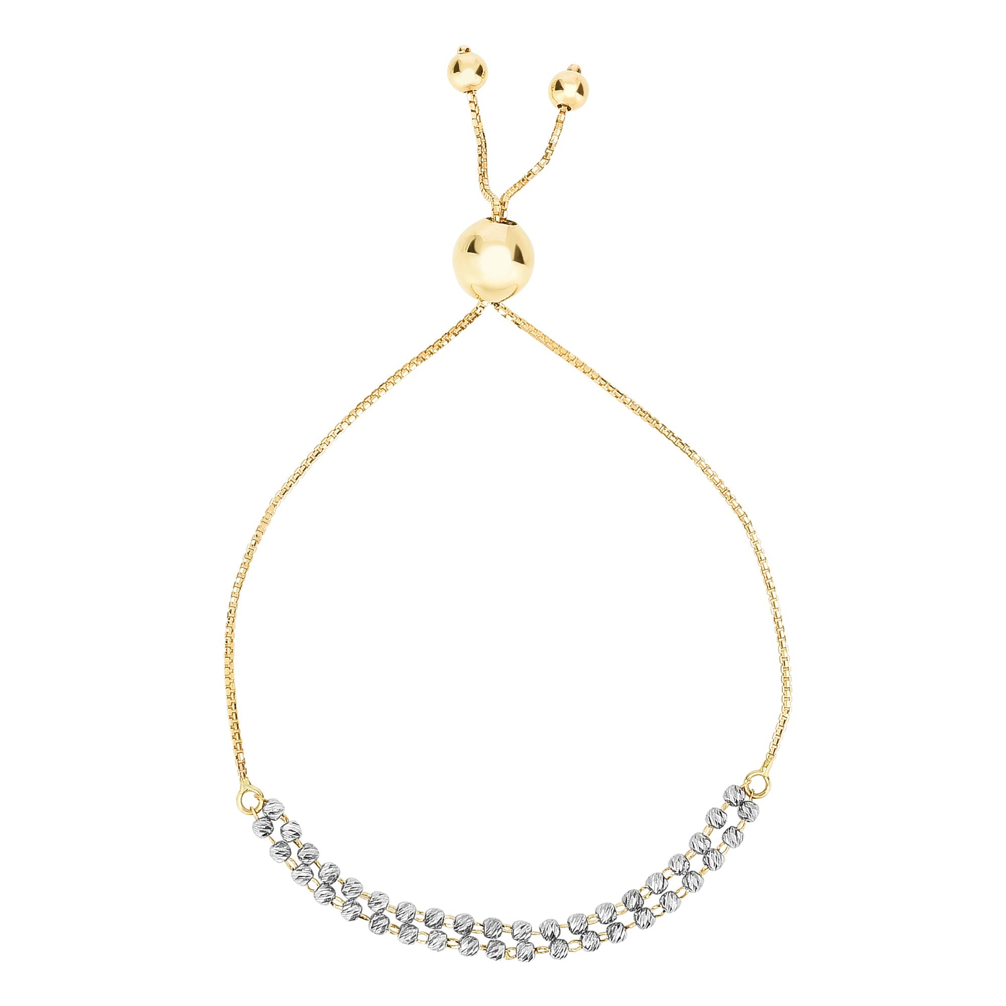 Diamond Cut Double Beaded Strand Bolo Friendship Adjustable Bracelet In 14K Gold, 9.25"