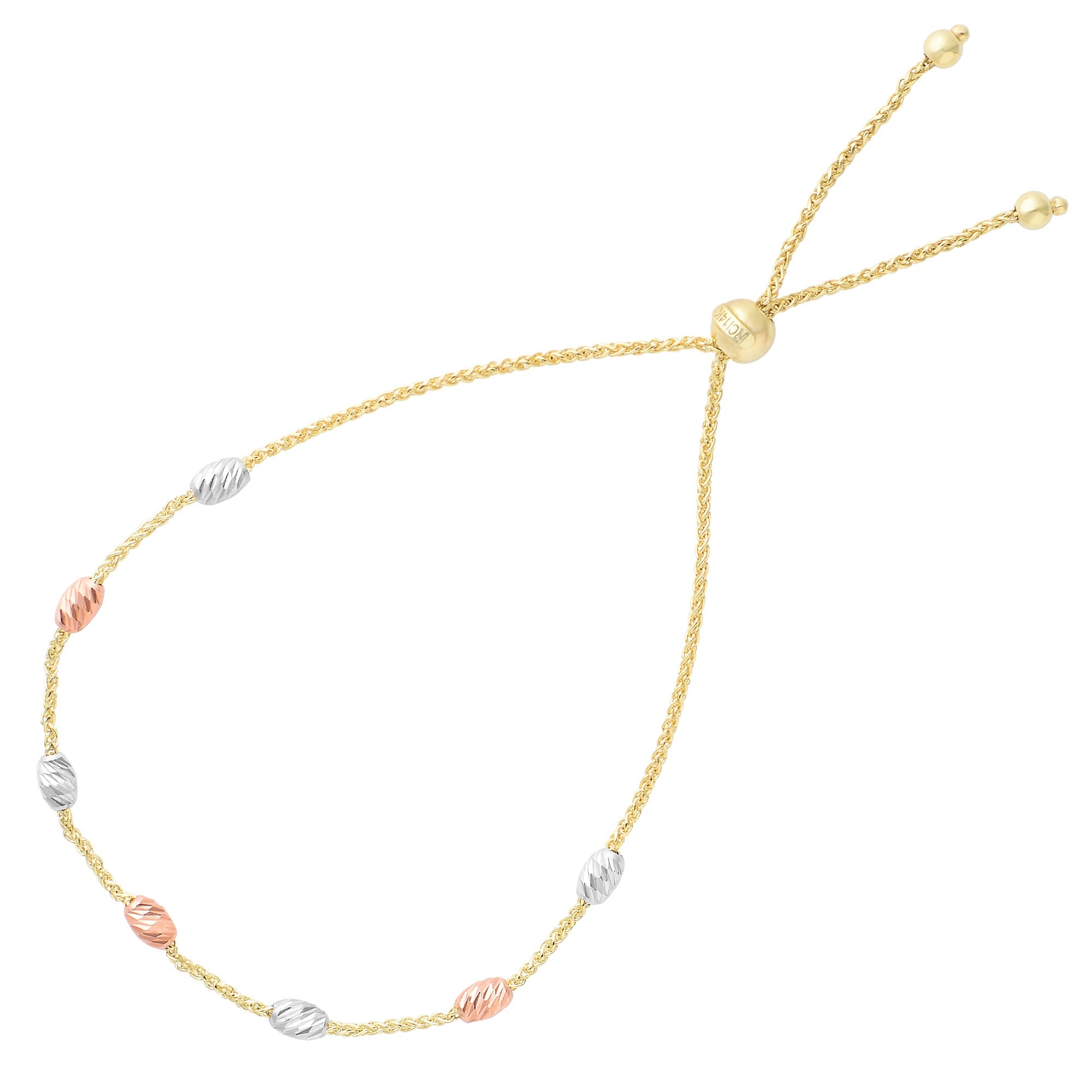 Diamond Cut Multi Color Oval Bead Station Bolo Friendship Adjustable Bracelet In 14K Gold, 9.25"