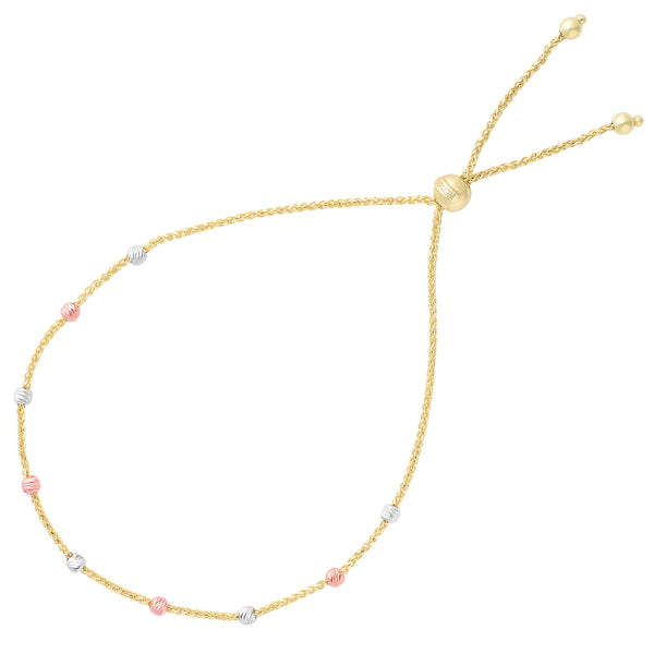 Diamond Cut Multi Color Round Bead Station Bolo Friendship Adjustable Bracelet In 14K Gold, 9.25"