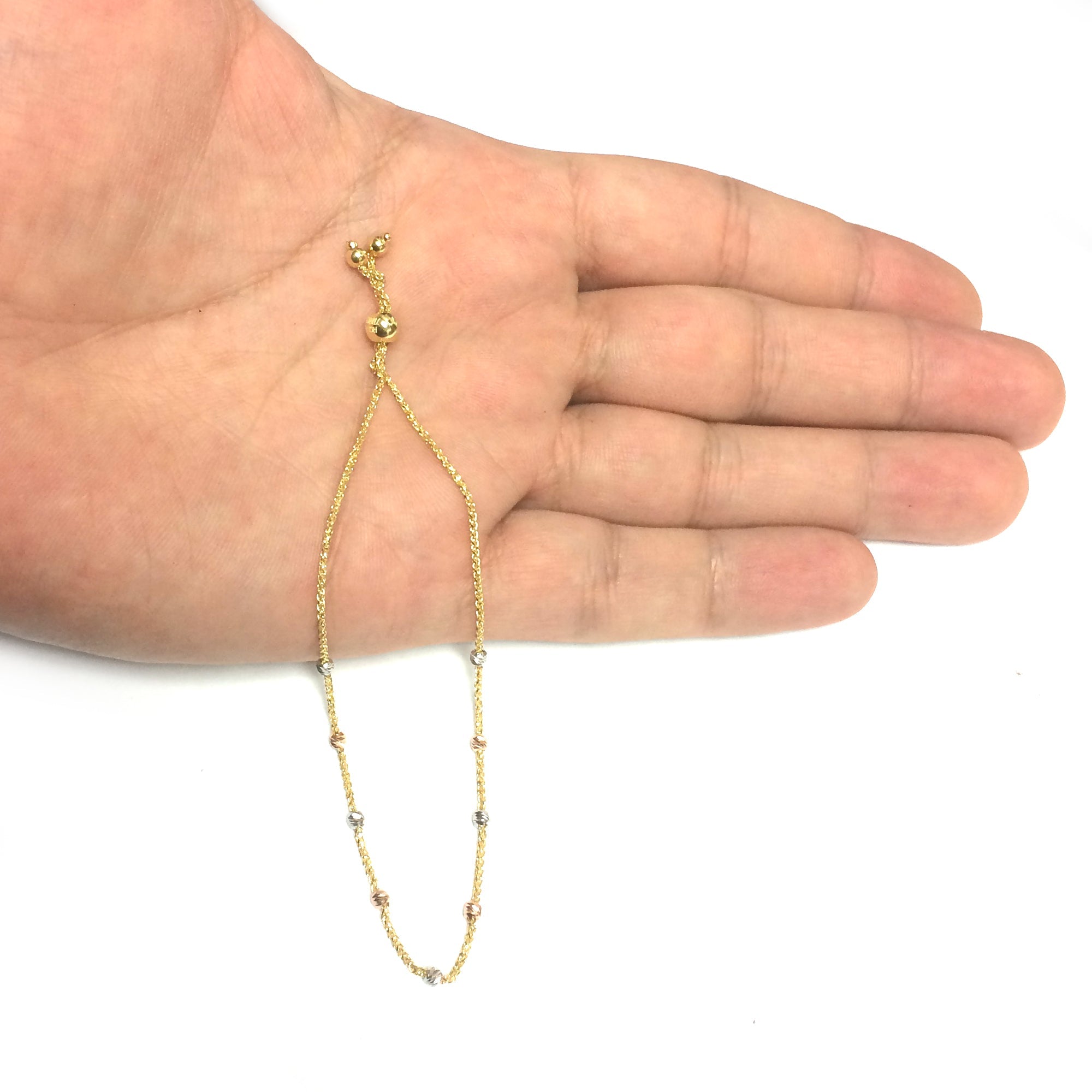 Diamond Cut Multi Color Round Bead Station Bolo Friendship Adjustable Bracelet In 14K Gold, 9.25"