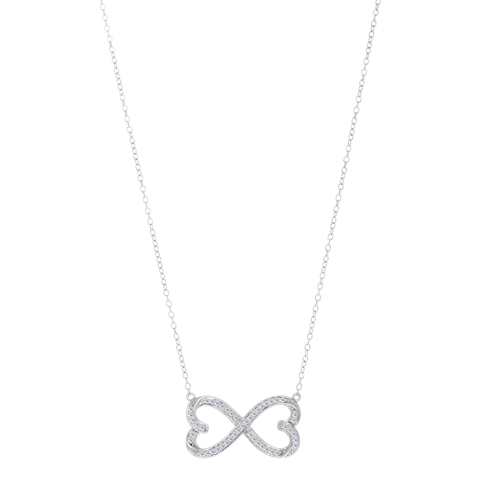 Double Heart Infinity Sign And CZ Necklace In Sterling Silver, 18"
