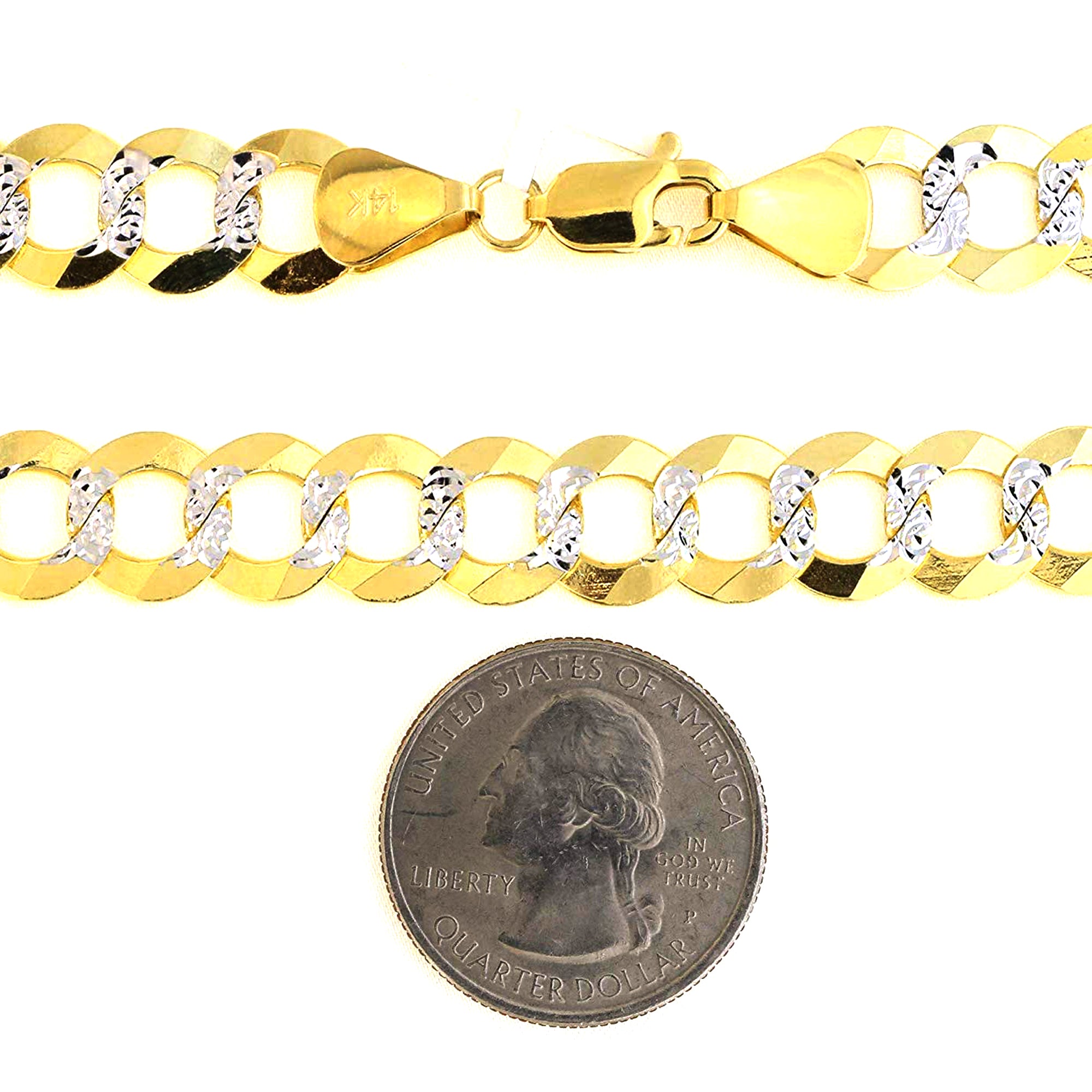 14k 2 Tone gult och vitguld Curb Chain Halsband, 11,2 mm fina designersmycken för män och kvinnor