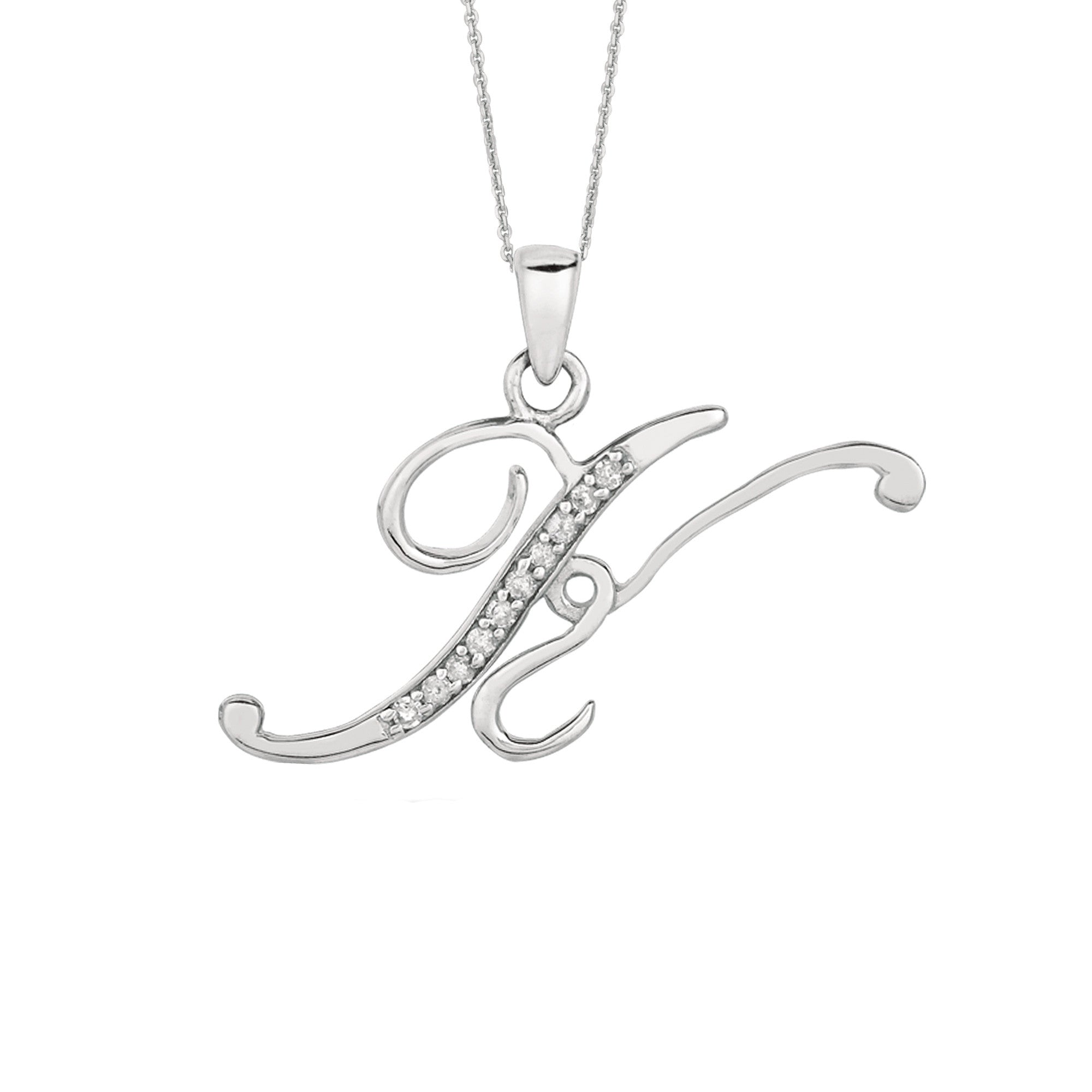 "K" Sterling Silver Rhodium Plated Script Initial Letter With Diamonds On 18 Inch Chain ( 0.05 Tcw) - JewelryAffairs
 - 1