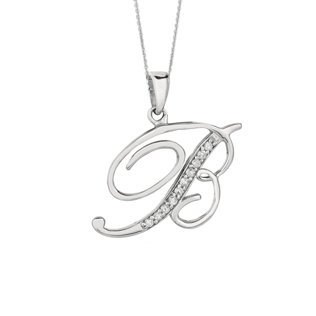 "B" Sterling Silver Rhodium Plated Script Initial Letter With Diamonds On 18 Inch Chain ( 0.05 Tcw) fine designer jewelry for men and women