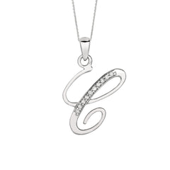 "C" Sterling Silver Rhodium Plated Script Initial Letter With Diamonds On 18 Inch Chain ( 0.05 Tcw) fine designer jewelry for men and women