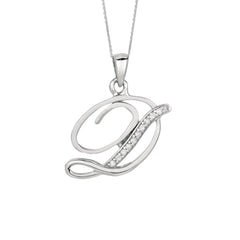 "D" Sterling Silver Rhodium Plated Script Initial Letter With Diamonds On 18 Inch Chain ( 0.05 Tcw) - JewelryAffairs
 - 1
