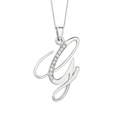 "G" Sterling Silver Rhodium Plated Script Initial Letter With Diamonds On 18 Inch Chain ( 0.05 Tcw) fine designer jewelry for men and women