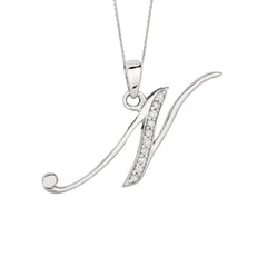 Lettera iniziale con scritta "N" in argento sterling placcato rodio con diamanti su catena da 18 pollici (0,05 Tcw) gioielli di alta moda per uomini e donne