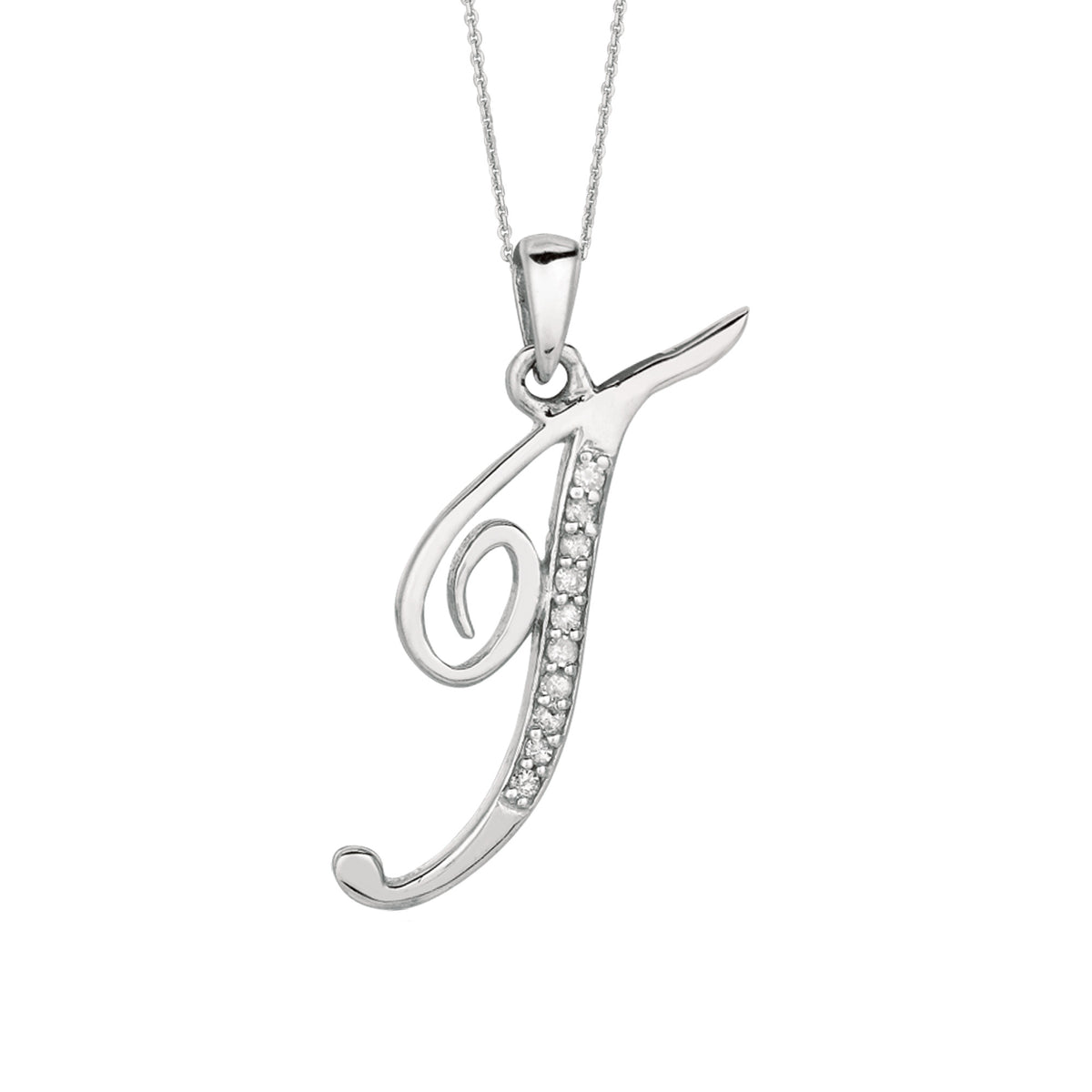 "T" Sterling Silver Rhodium Plated Script Initial Letter With Diamonds On 18 Inch Chain ( 0.05 Tcw) fine designer jewelry for men and women