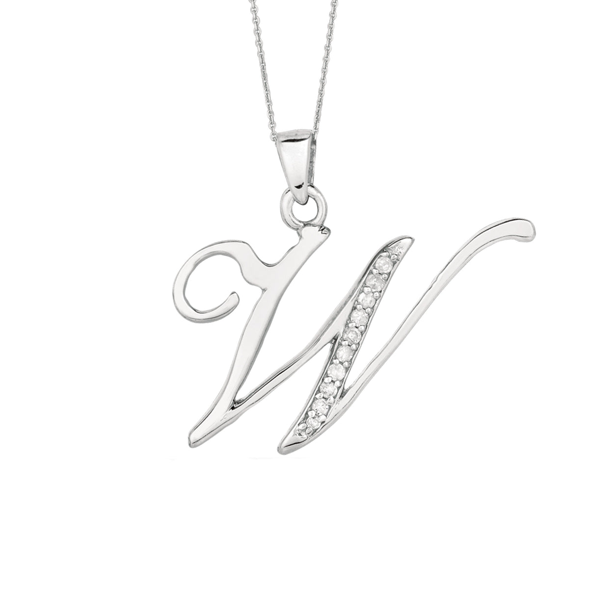 "W" Sterling Silver Rhodium Plated Script Initial Letter With Diamonds On 18 Inch Chain ( 0.05 Tcw) - JewelryAffairs
 - 1