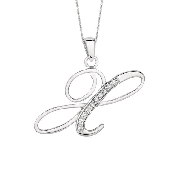 "X" Sterling Silver Rhodium Plated Script Initial Letter With Diamonds On 18 Inch Chain ( 0.05 Tcw) - JewelryAffairs
 - 1