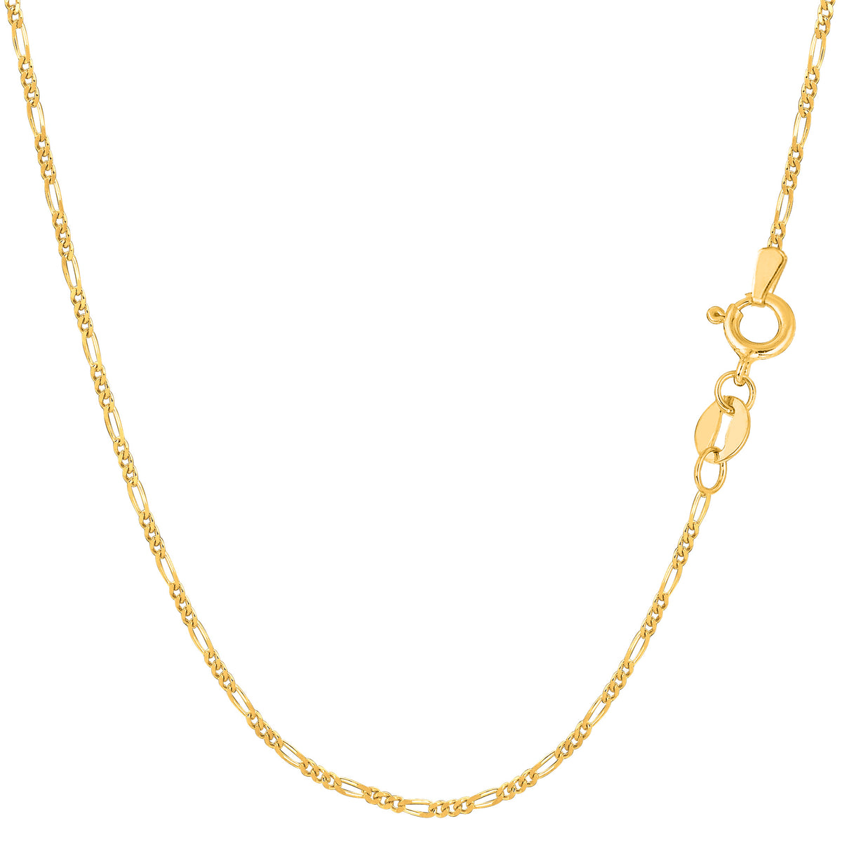 14k Yellow Solid Gold Figaro Chain Necklace, 1.3mm