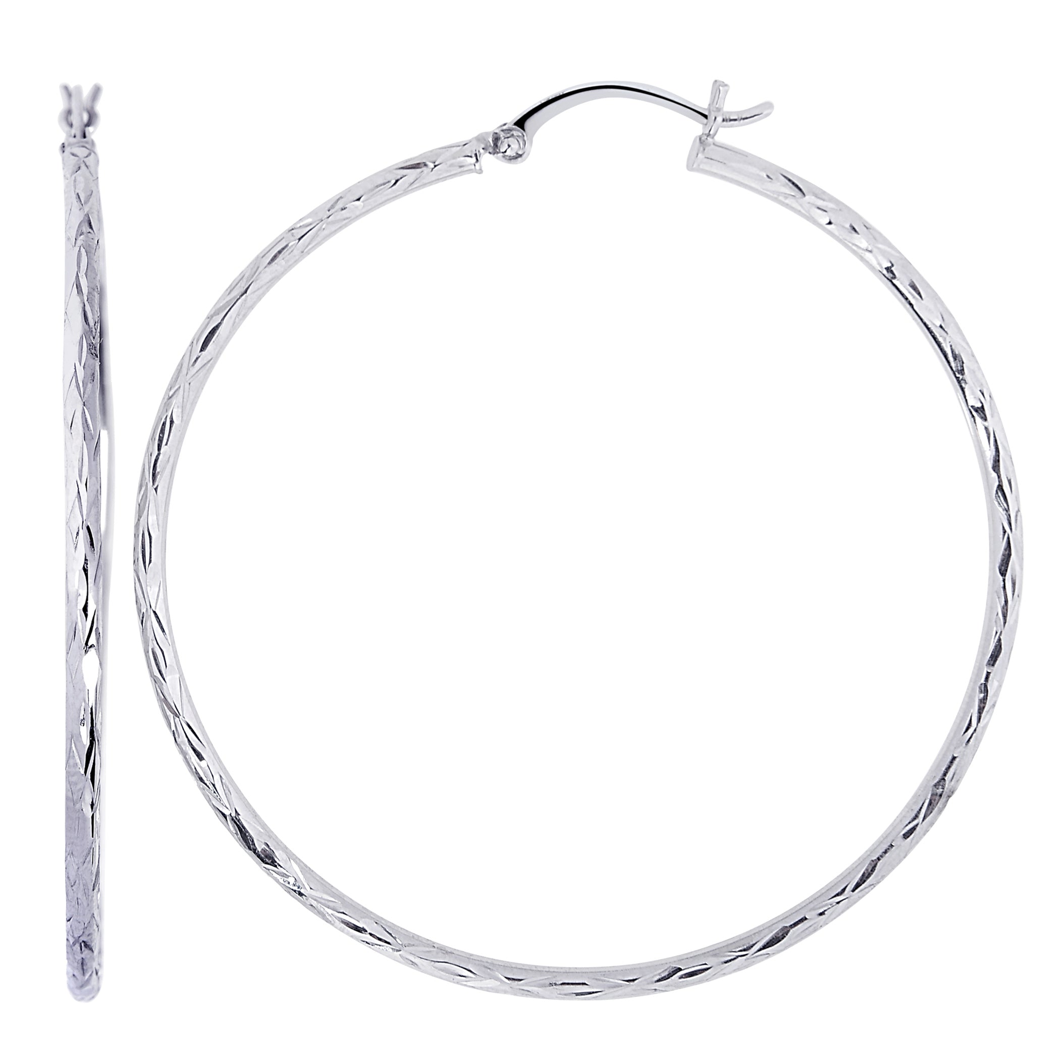 14K White Gold Diamond Cut Round Hoop Earrings fine designer jewelry for men and women
