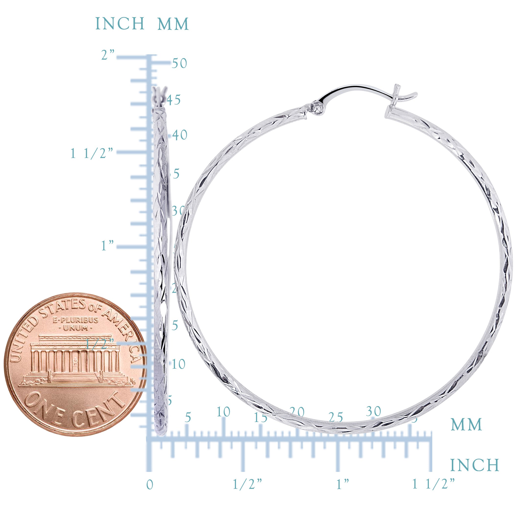 14K White Gold Diamond Cut Round Hoop Earrings fine designer jewelry for men and women