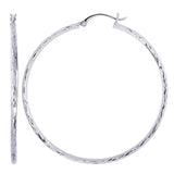 14K White Gold Diamond Cut Round Hoop Earrings