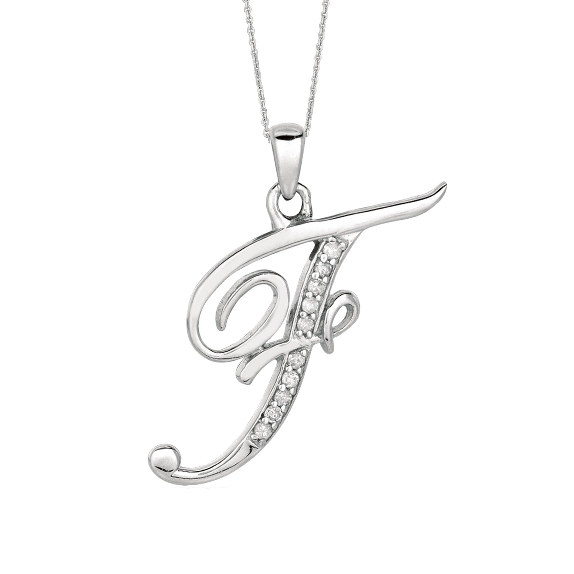 "F" Sterling Silver Rhodium Plated Script Initial Letter With Diamonds On 18 Inch Chain ( 0.05 Tcw)
