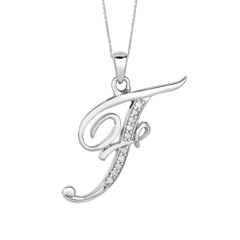 "F" Sterling Silver Rhodium Plated Script Initial Letter With Diamonds On 18 Inch Chain ( 0.05 Tcw)