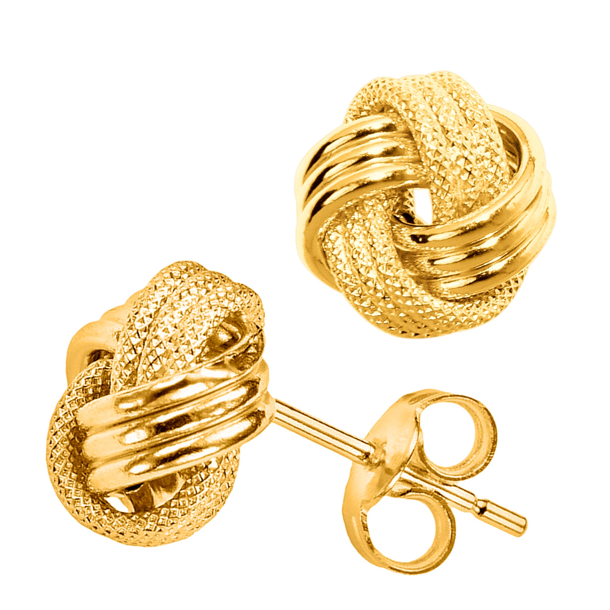 14 karat guld glänsande och texturerat trippelrad kärleksknut örhängen, 10 mm fina designersmycken för män och kvinnor