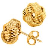 14k Yellow Gold Shiny And Textured Triple Row Love Knot Stud Earrings, 13mm