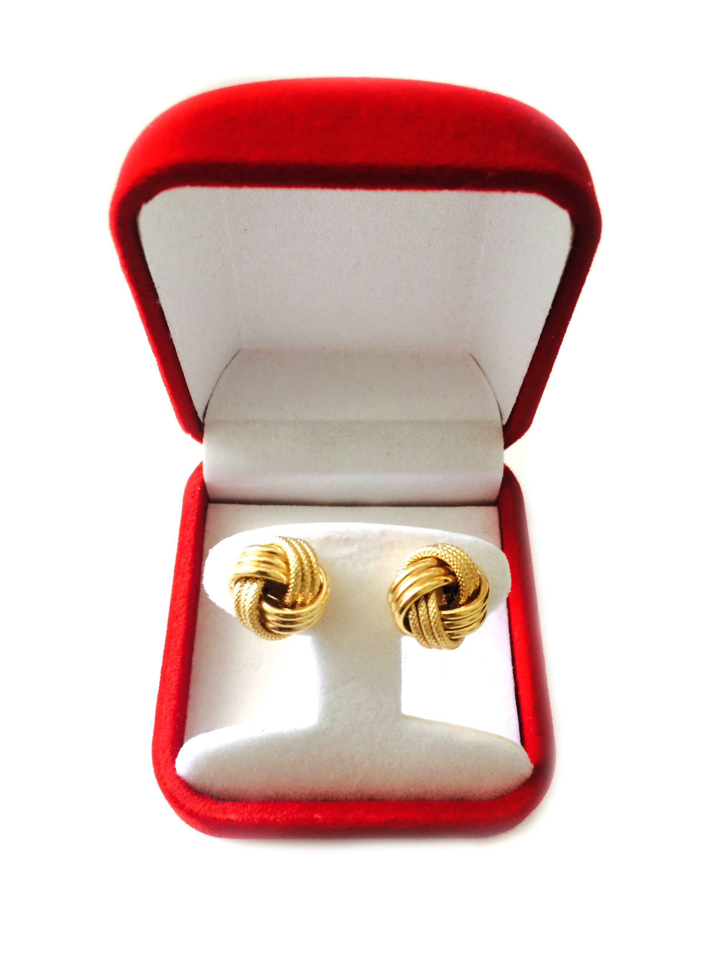 14k Yellow Gold Shiny And Textured Triple Row Love Knot Stud Earrings, 13mm