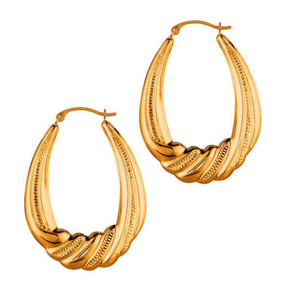 14K Yellow Gold Textured Oval Shape Hoop Earrings, Length 35mm