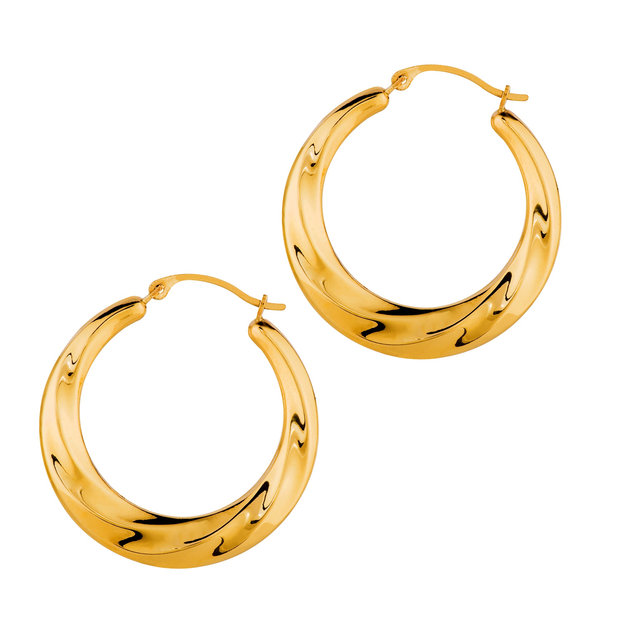 14K Yellow Gold Shiny Textured Round Hoop Earrings, Diameter 25mm fine designer jewelry for men and women