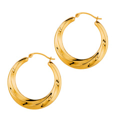 14K Yellow Gold Shiny Textured Round Hoop Earrings, Diameter 25mm fine designer jewelry for men and women