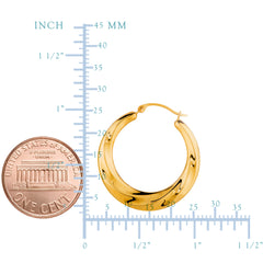 14K Yellow Gold Shiny Textured Round Hoop Earrings, Diameter 25mm fine designer jewelry for men and women