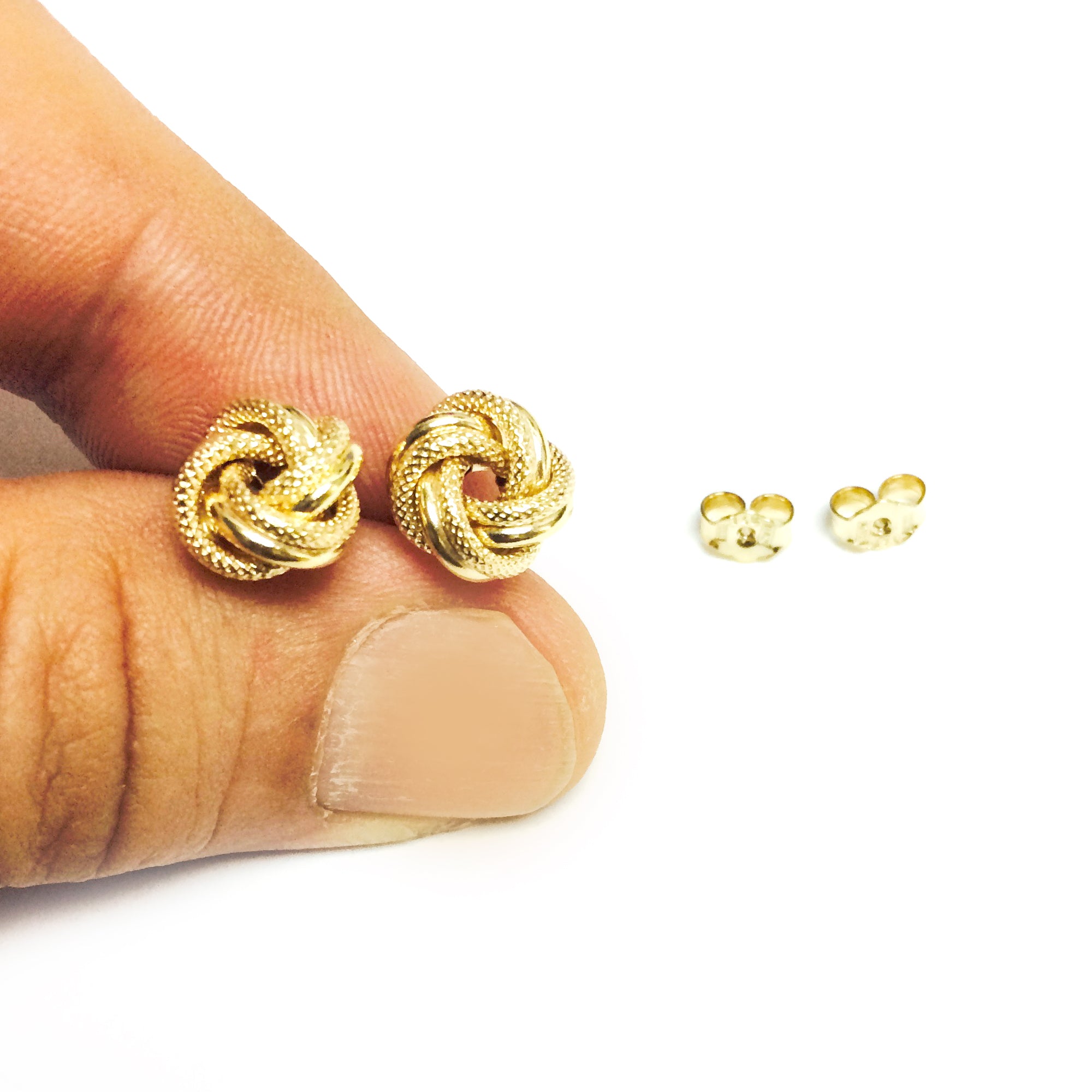 14k Yellow Gold Shiny And Textured Double Row Love Knot Stud Earrings, 10mm fine designer jewelry for men and women