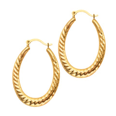 14K Yellow Gold Shiny Textured Oval Shape Hoop Earrings, Length 30mm