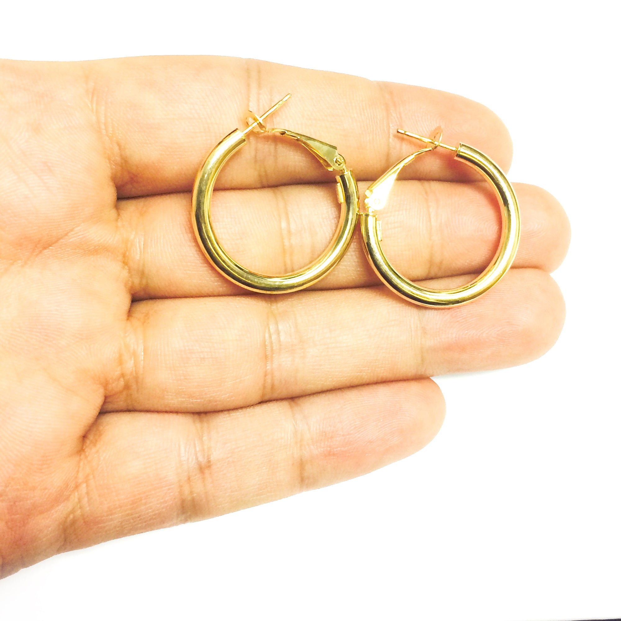 14K guld Omega Back Hoop Örhänge, diameter 25 mm fina designersmycken för män och kvinnor