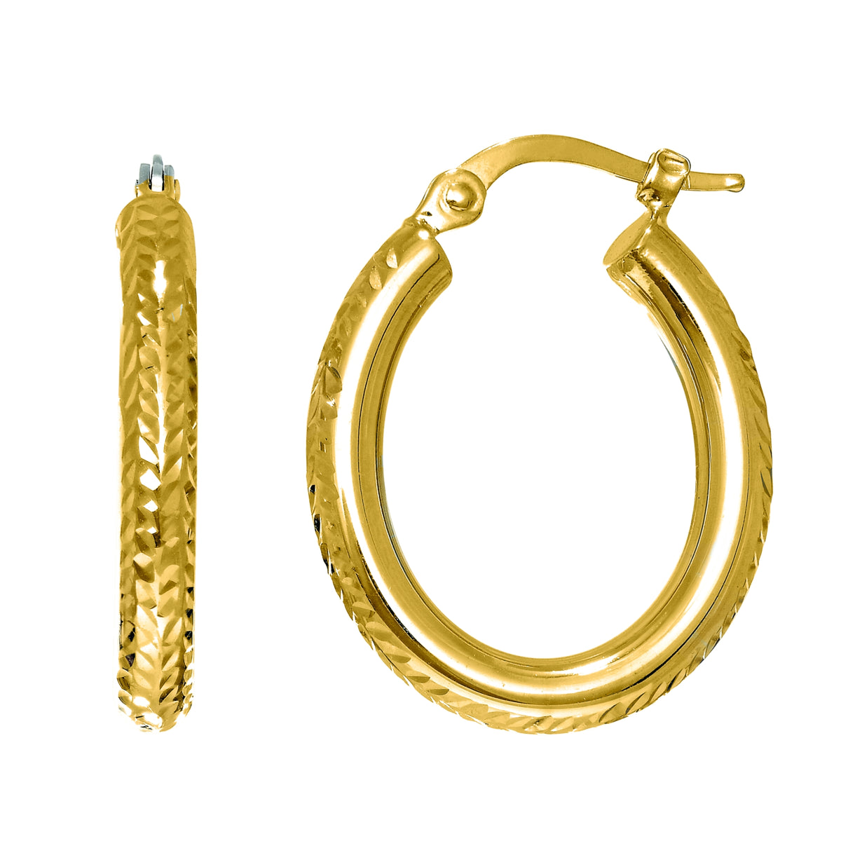 14K Gold Diamond Cut Oval Sparkle Hoop Earrings