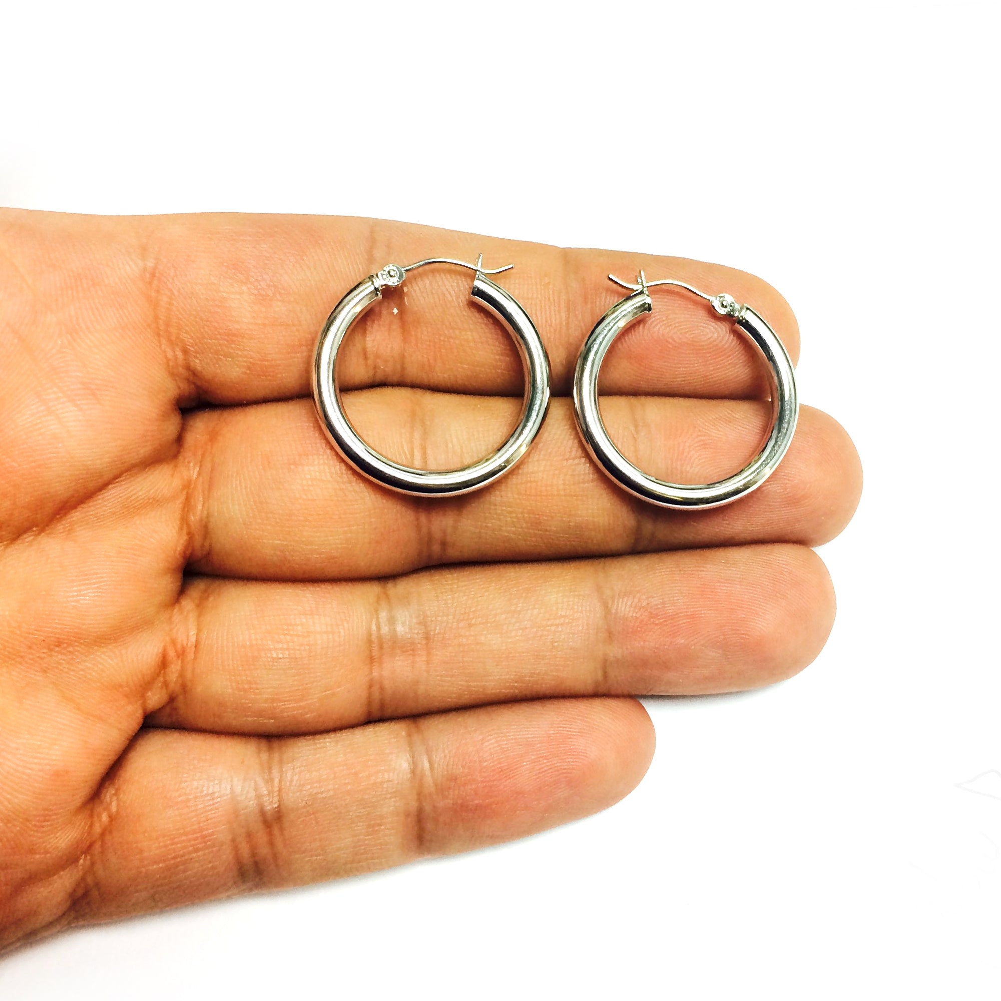 14K vitguld 3MM glänsande runda rörbågeörhängen fina designersmycken för män och kvinnor