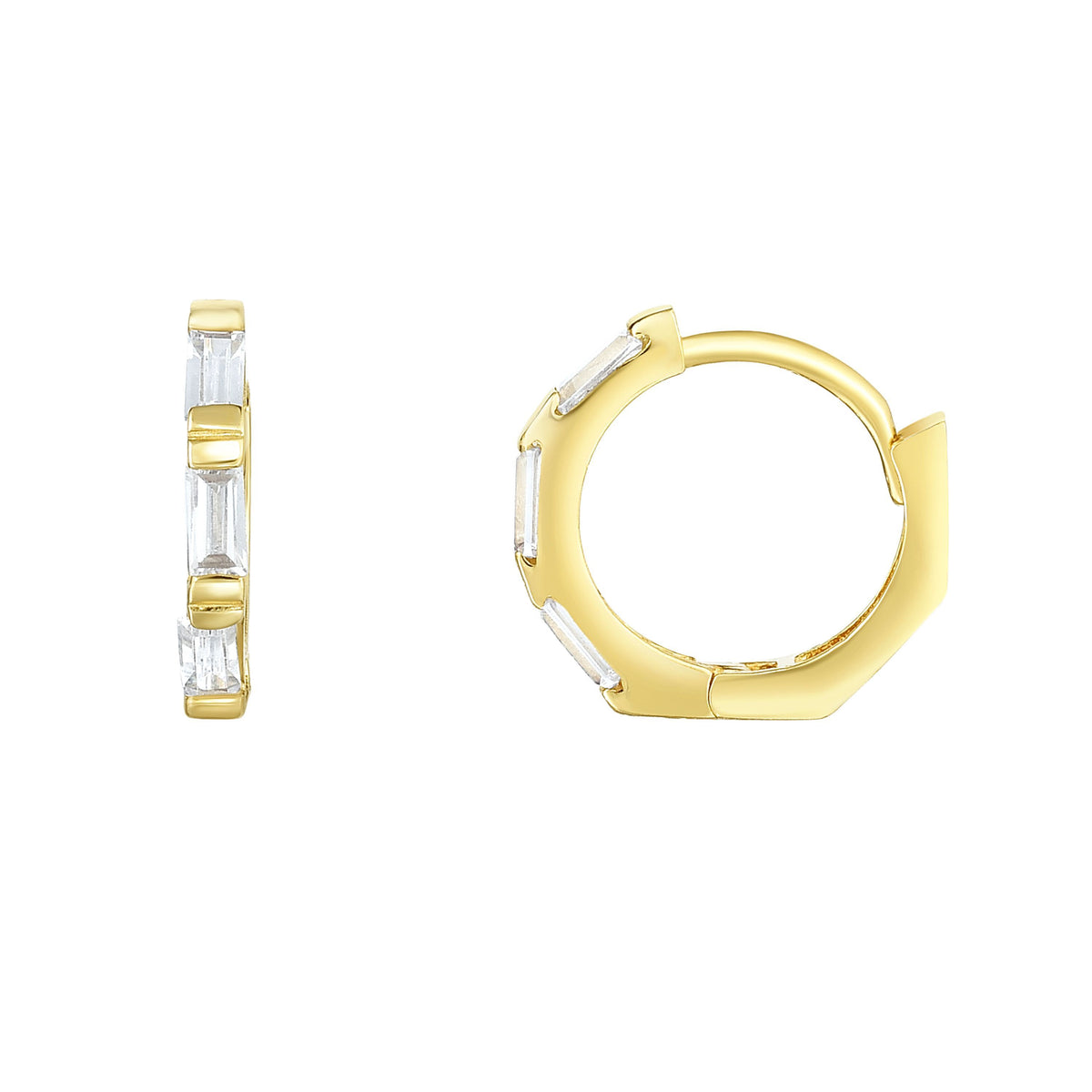 Orecchini Huggie Hoop in oro giallo 14 carati con zirconi cubici, gioielleria raffinata da 12 mm per uomo e donna