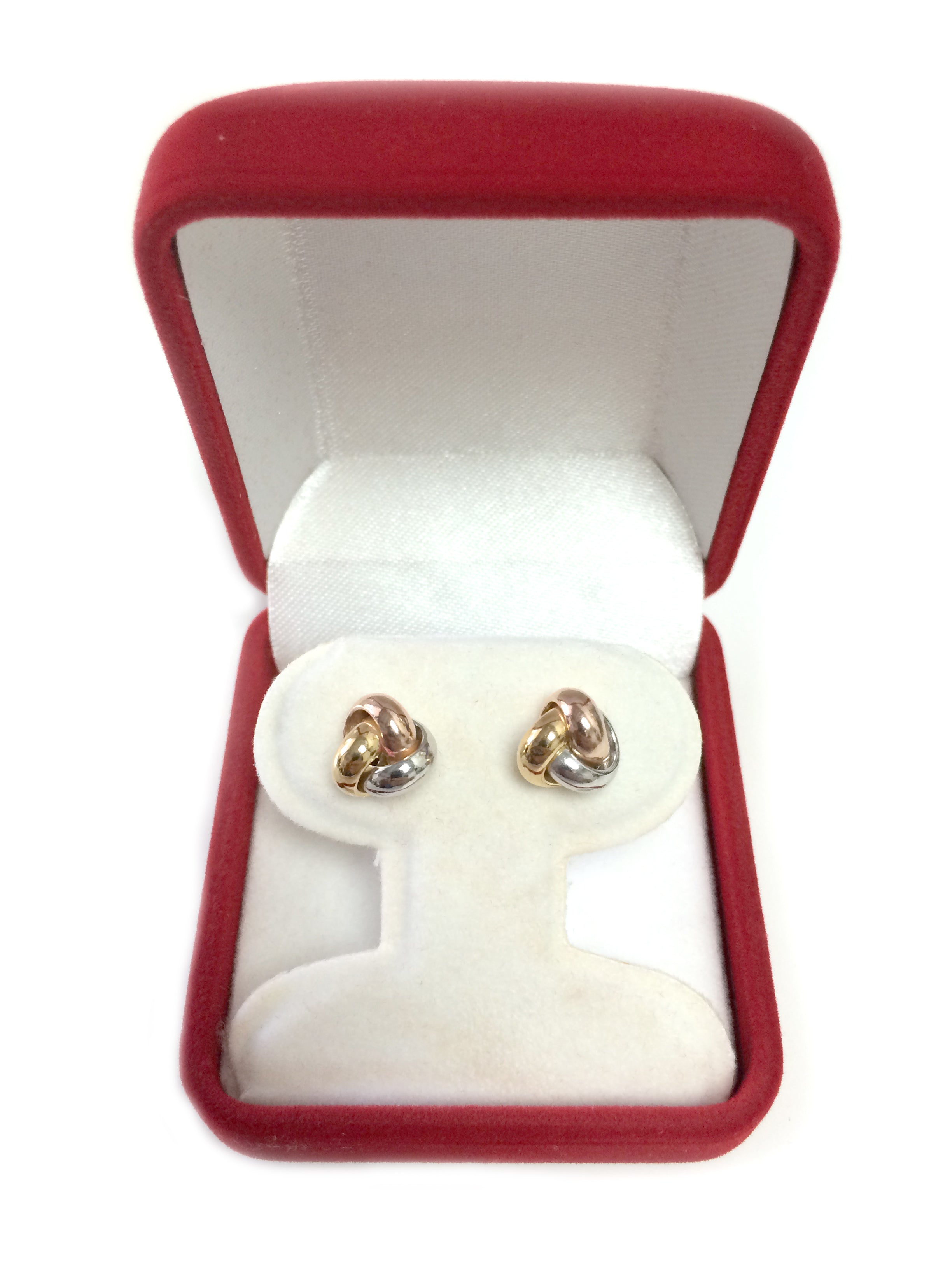 14k Tricolor Yellow White And Rose Gold Shiny Love Knot Stud Earrings, 9mm fine designer jewelry for men and women