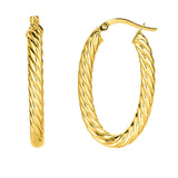 14K Yellow Gold Shiny Oval Shape Twists Hoop Earrings, Length 35mm