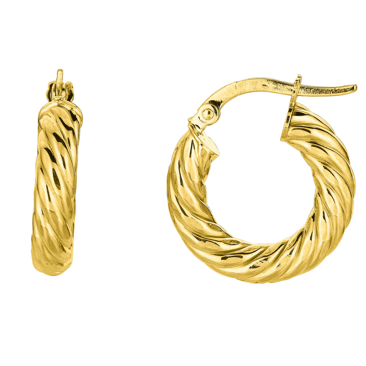 14K Yellow Gold Round Tube Twists Hoop Earring, Diameter 10mm