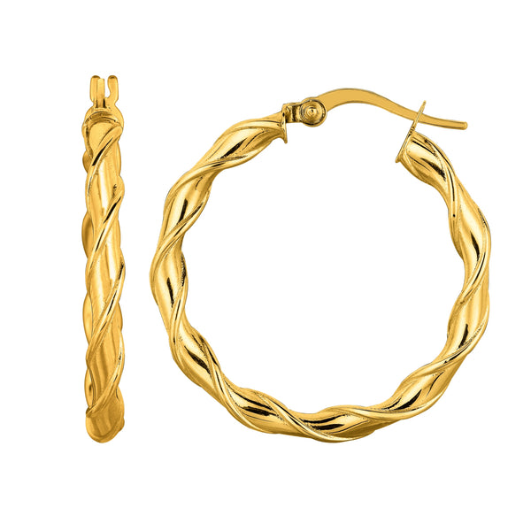 14K Yellow Gold Round Type Twisted Hoop Earrings, Diameter 28mm