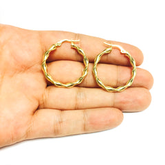 14K Yellow Gold Round Type Twisted Hoop Earrings, Diameter 28mm