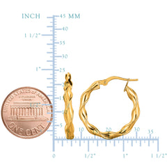 14K Yellow Gold Round Type Twisted Hoop Earrings, Diameter 24mm fine designer jewelry for men and women