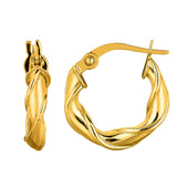 14K Yellow Gold Round Type Twisted Hoop Earrings, Diameter 15mm