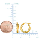 14K Yellow Gold Round Type Twisted Hoop Earrings, Diameter 15mm