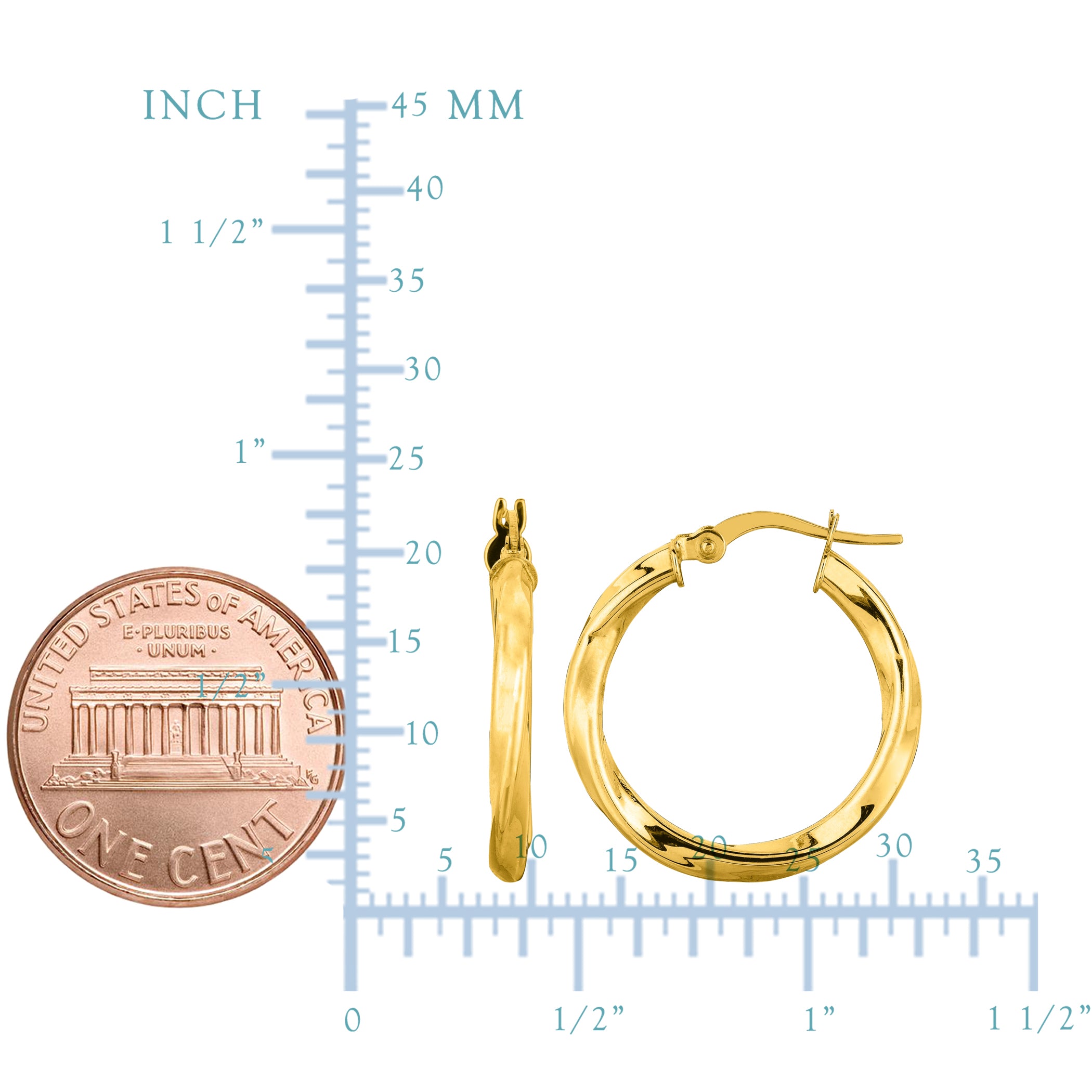14K Yellow Gold Round Tube Italian Twist Hoop Earrings, Diameter 20mm