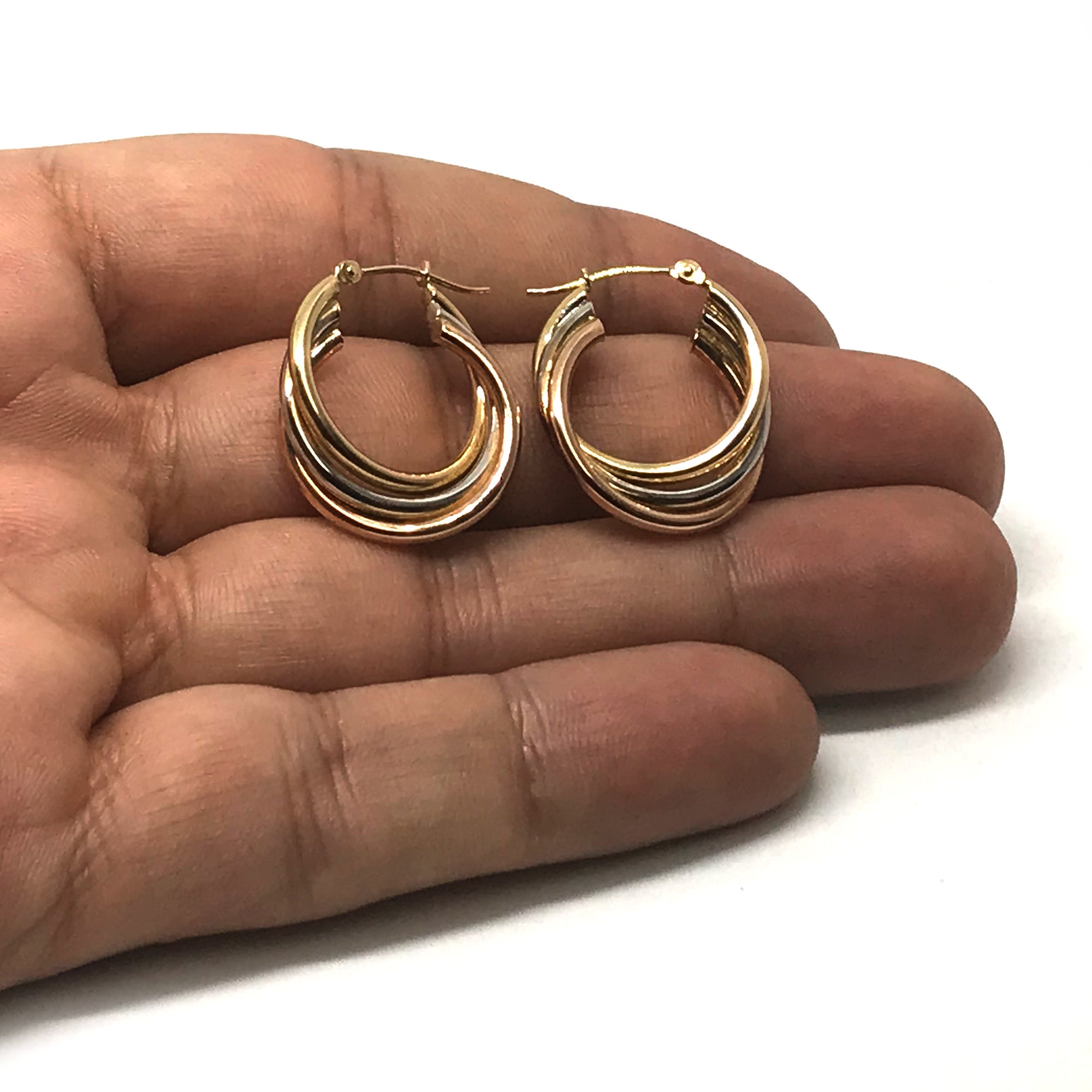 14K Yellow And White Rose Gold Triple Row Hoop Earrings