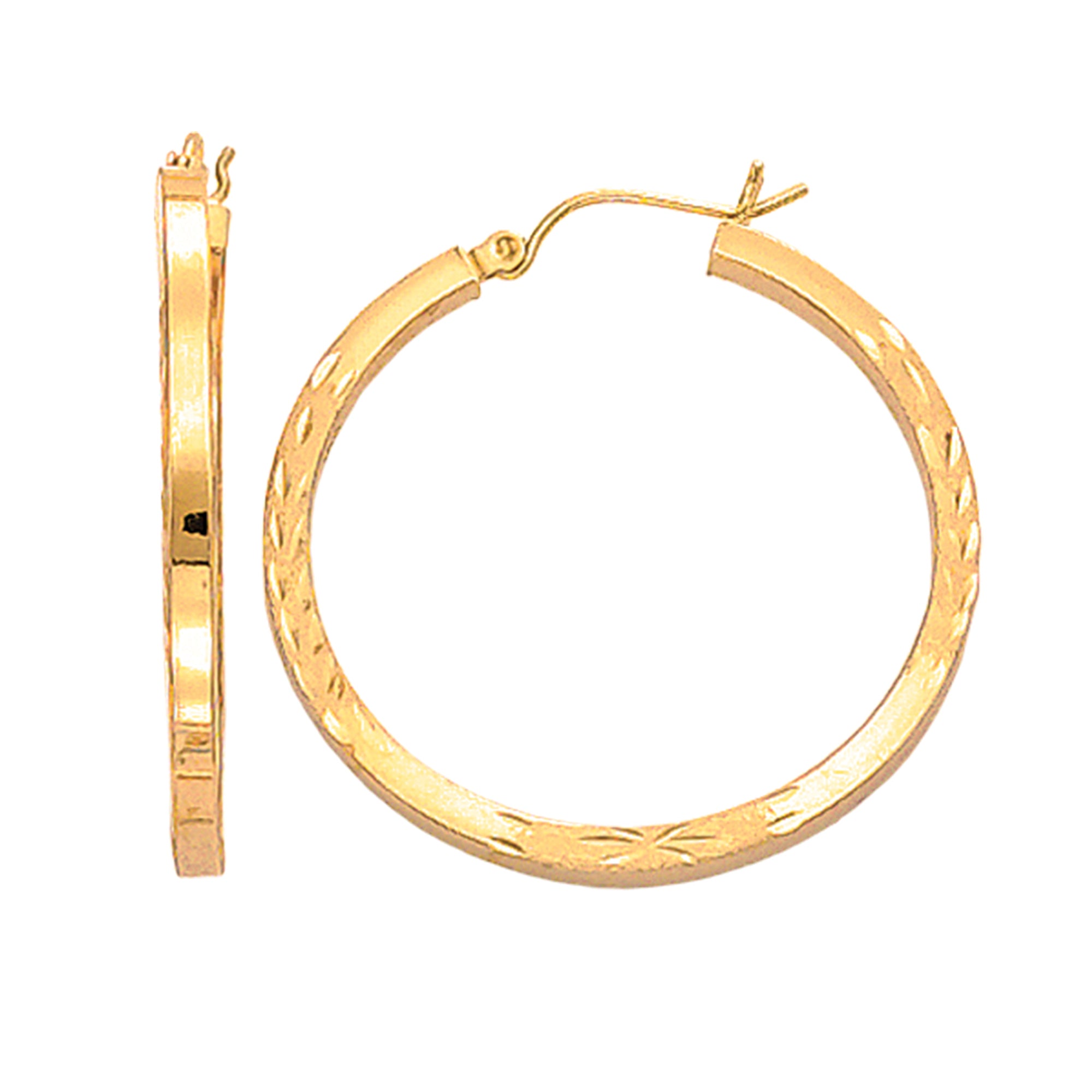 14K Yellow Gold Diamond Cut Square Tube Hoop Earrings, Diameter 35mm