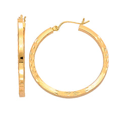 14K Yellow Gold Diamond Cut Square Tube Hoop Earrings, Diameter 35mm