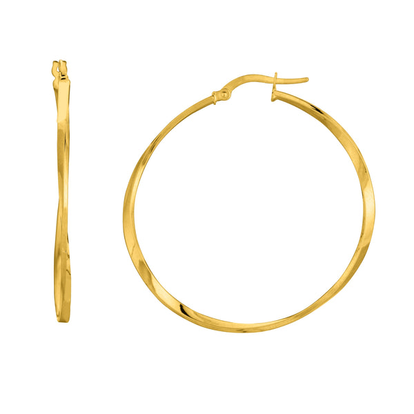 14K Yellow Gold Shiny Squaretube Twisted Hoop Earrings, Diameter 40mm