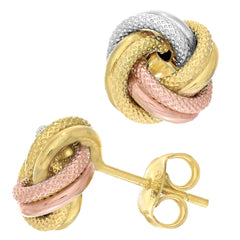 14k Tricolor Textured And Shiny Love Knot Stud Earrings, 10mm