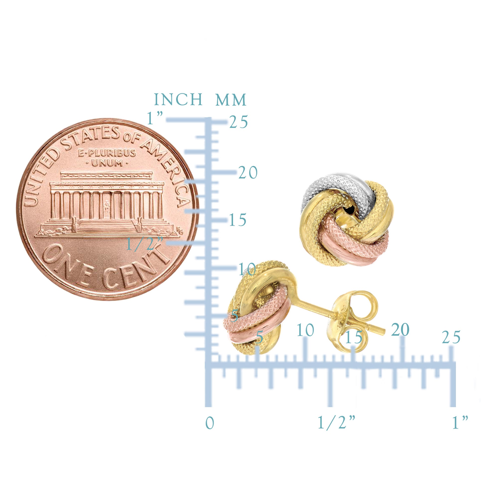 14k tricolor teksturerede og skinnende kærlighedsknude ørestikker, 10 mm fine designersmykker til mænd og kvinder